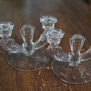 Pair Vintage Art Deco Etched Glass Double Candle Stick Holders